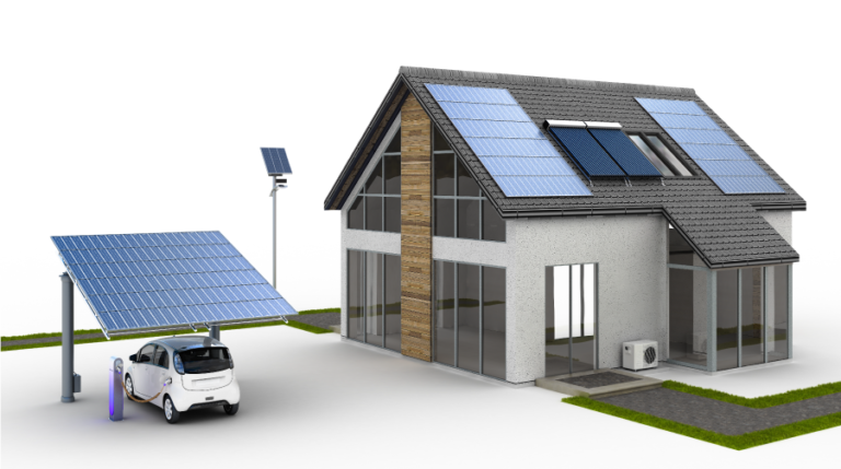 Energieautarkes Wohnen: Ein modernes Wohnhaus mit Photovoltaikanlage, Wärmepumpe und Elektroauto – nachhaltige Technik für eine unabhängige Zukunft.