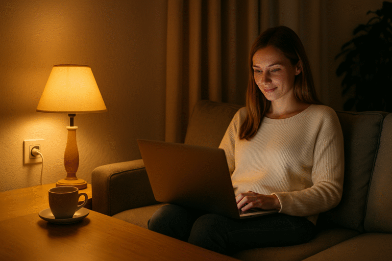 „Alltag mit Strom“ – gemütliche Wohnzimmerszene mit Licht, Laptop und Kaffee – unterschwellig: „Strom ist selbstverständlich“.